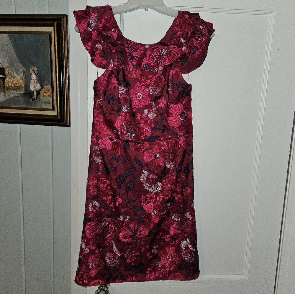 H by Halston pink embroidered floral cold shoulder sheath dress